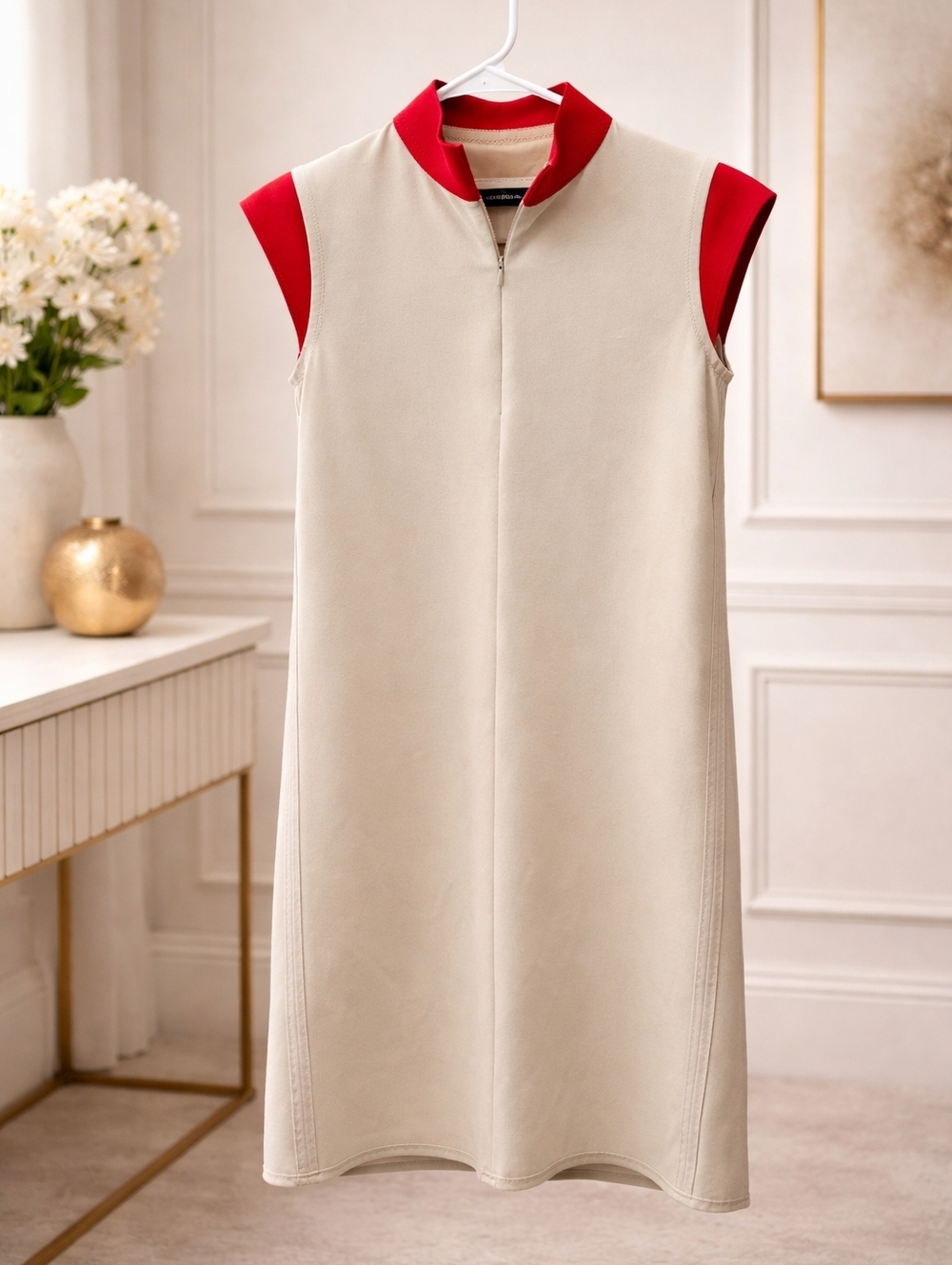 Marie Saint Pierre Small Cream Midi Dress with Red Trim — Sleeveless Zip-Front